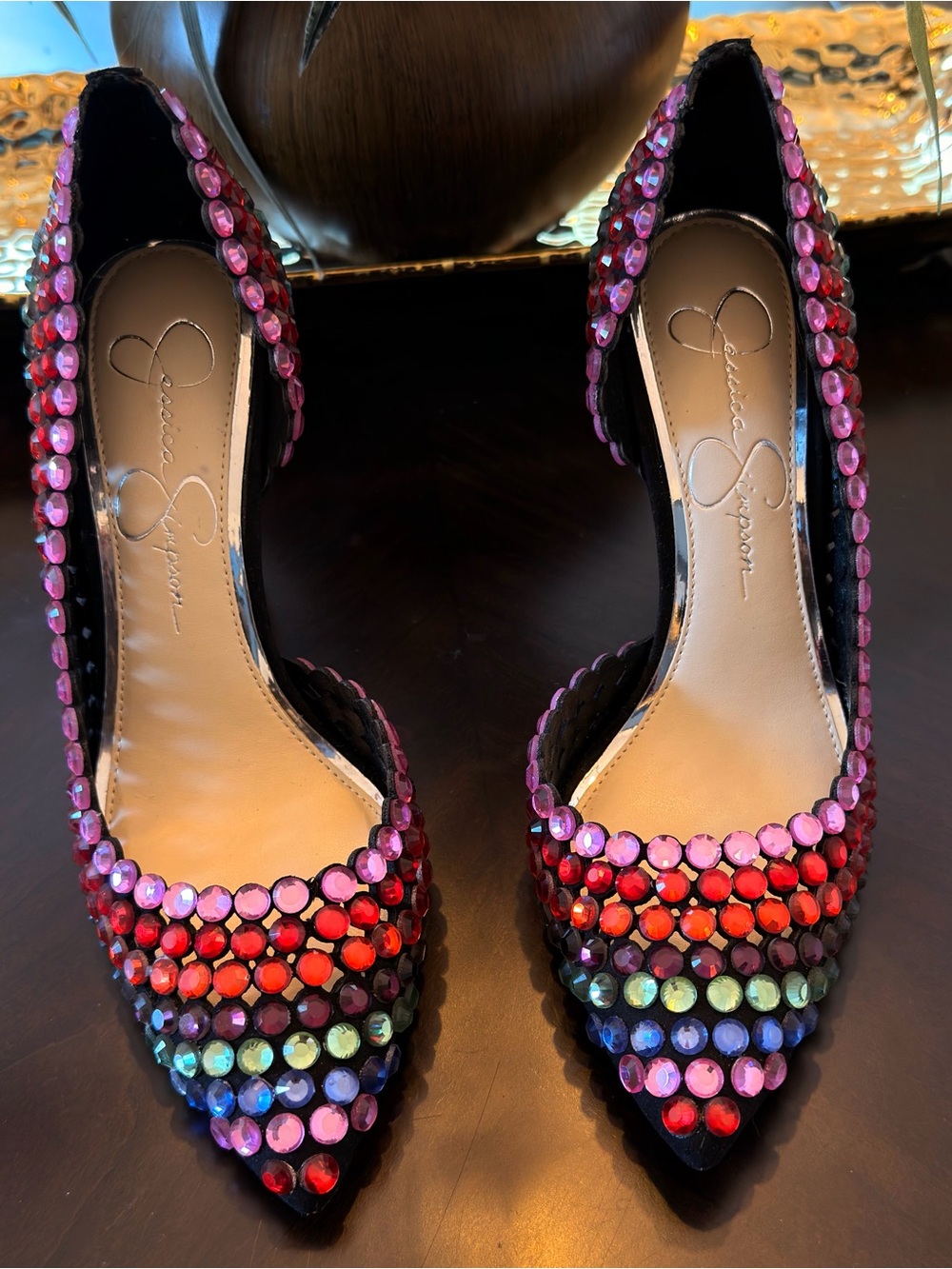 Jessica Simpson Multicolor Crystal Pointed Toe Heels - Pink & Rainbow
